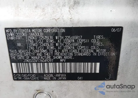 2007 Toyota Rav4 z USA, uszkodzony, nr VIN JTMZD33V176049297